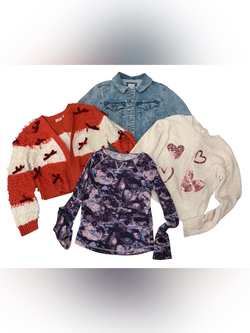 #3-Girls Size 14 Clothing Bundle Denim Jacket Sequin Heart Sweater Cardigan 4 Pc